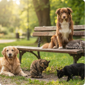 Dogs and cats playing together
